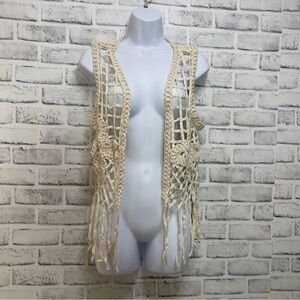 Anne French Creamy White Fringed Crocheted Vest Medium